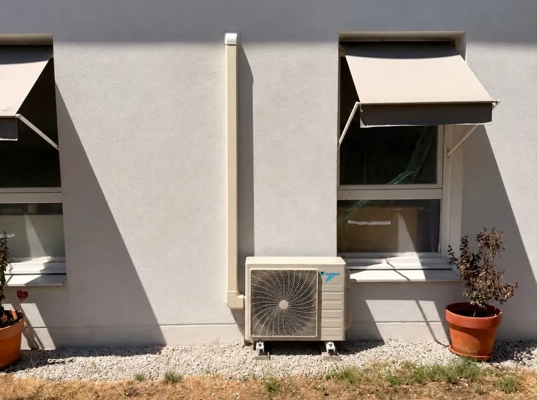 Climatisation Daikin installée par Aqua Talb'eau : unité extérieure posée au sol sur plots, liaisons frigorifiques sous goulotte