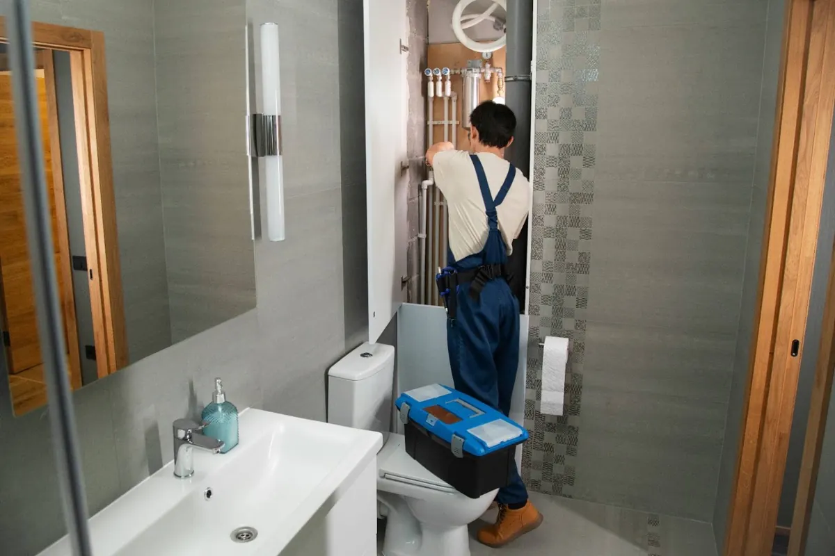 Plombier intervenant sur les canalisations d'une salle de bains pour un débouchage